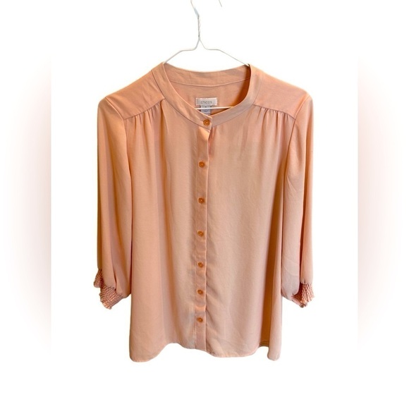 CHICOS Blouse Soft Weave Tawny Top Pillowy Peach 3/4 Sleeves Size Medium - Picture 1 of 3